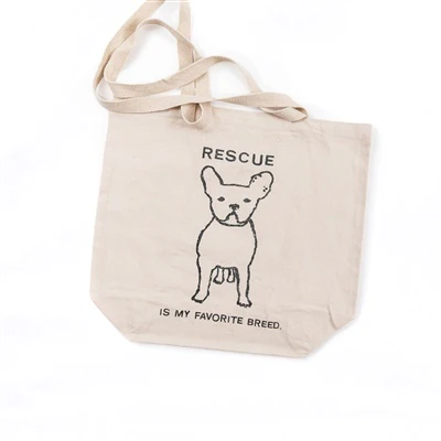 Canvas tote with illustration of dog and text that says "Rescue is my favorite breed."